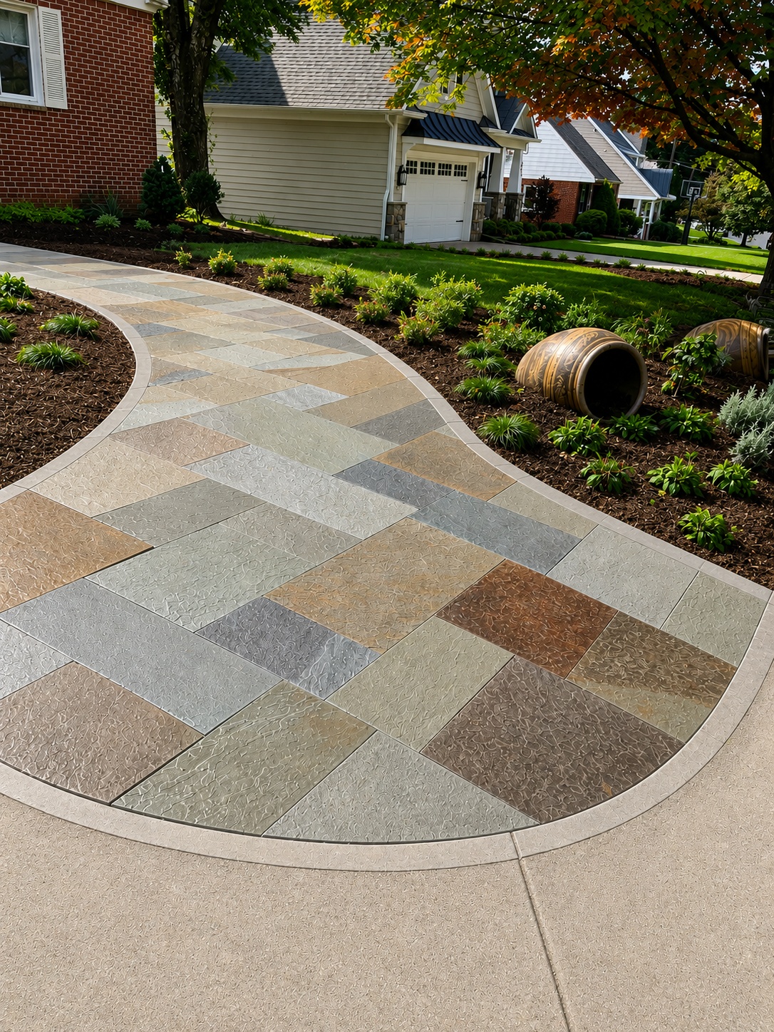 Curved stone walkway with landscaped garden beds