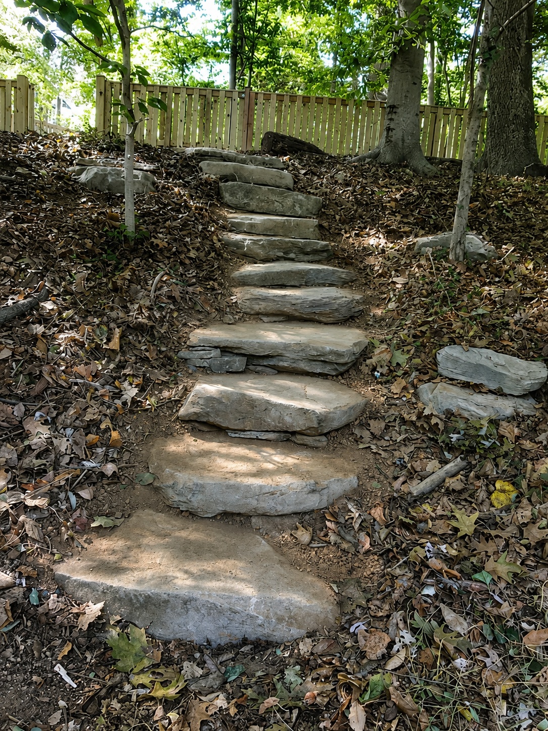 Natural stone steps built into a wooded slope
